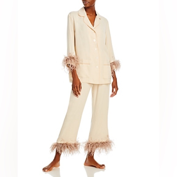 Striped Feather Trim Lounge Set - Two Piece Pajamas